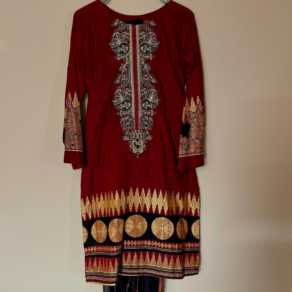 3 Piece Lawn Red Suit - Pakistani/Indian